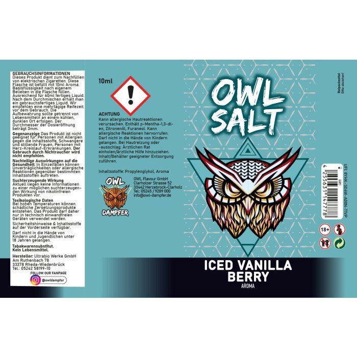 OWL Salt Longfill Iced Vanilla Berry Aroma 10 ml in 60 ml